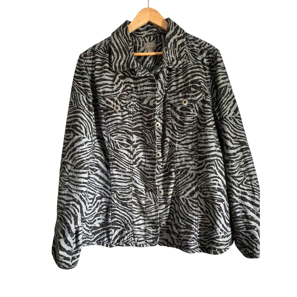Additions by Chico's Zebra Print Denim Jacket Grey Black Cotton Size 3 L XL